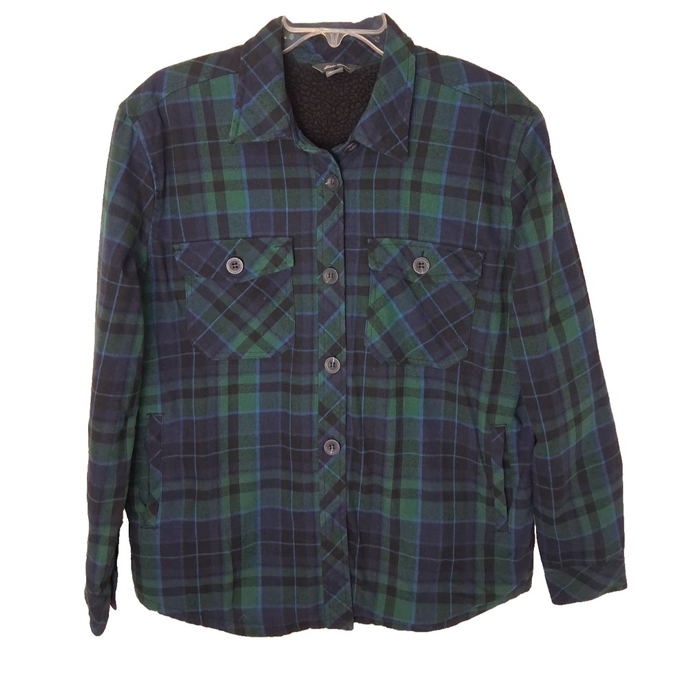 Eddie Bauer Womens Med Green Plaid‎ Flannel Fleece Lined Shirt Shacket Gorpcore